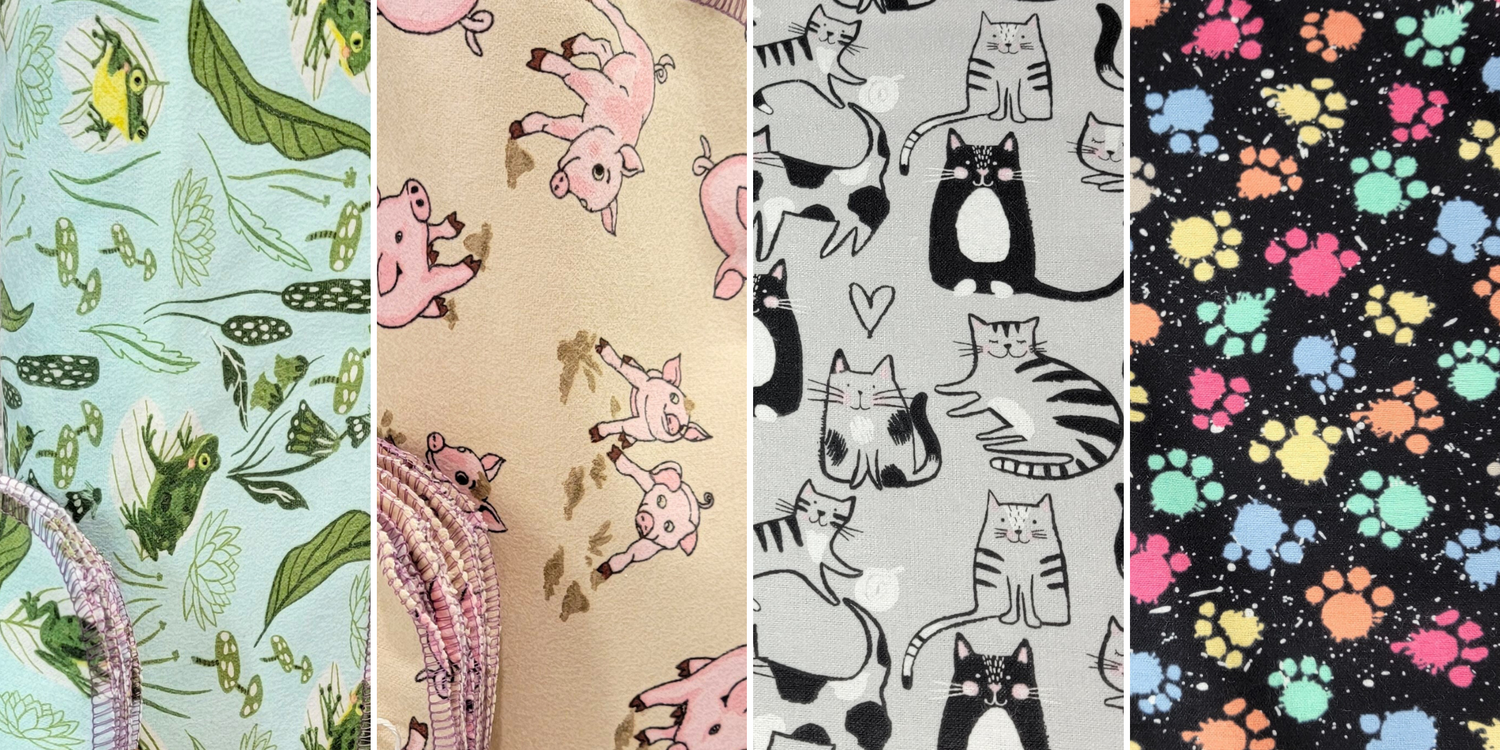 Collage of new NonPaper Towels prints - blue frogs, tan pigs, gray cats, and rainbow paw prints.