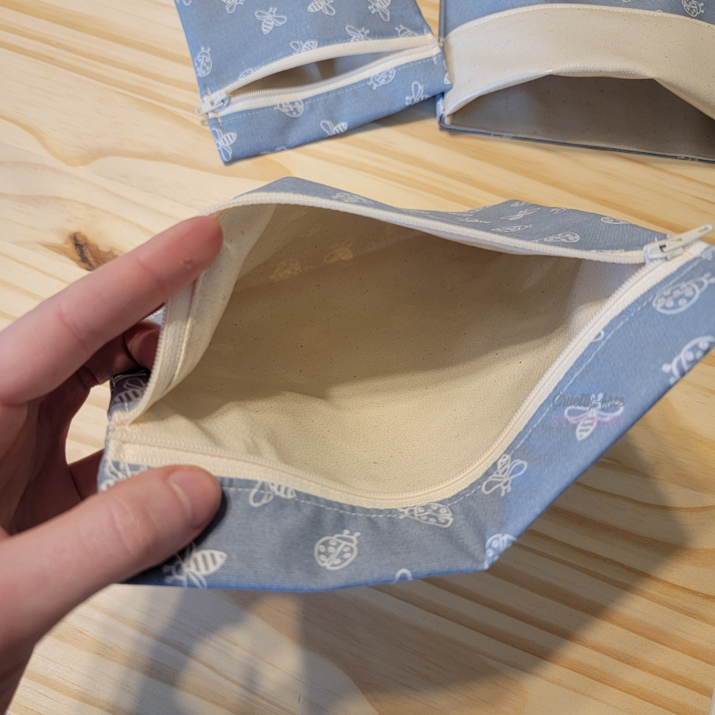 Inside of the large zipper snack bag, showing the lining.