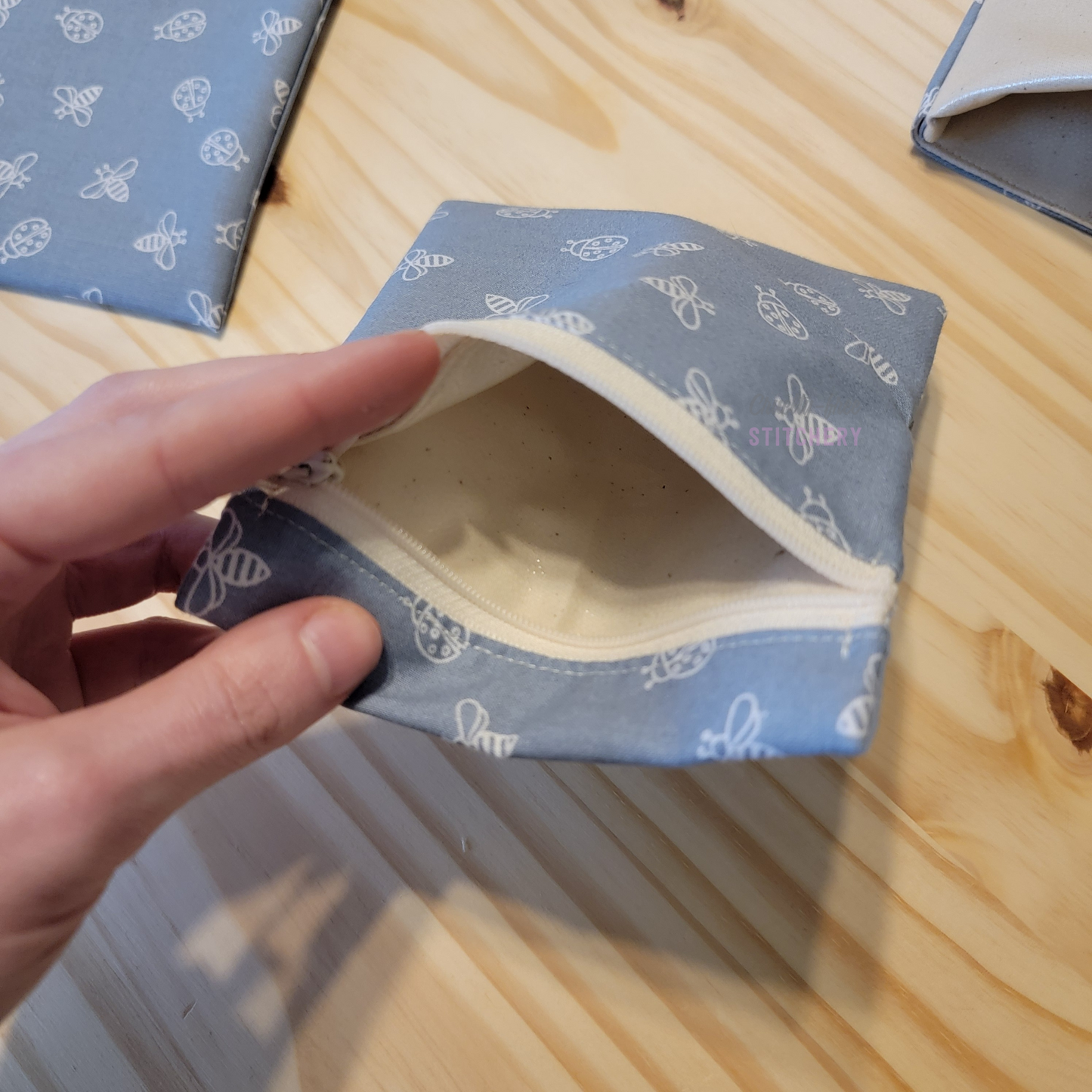 Inside of the small zipper snack bag, showing the lining.