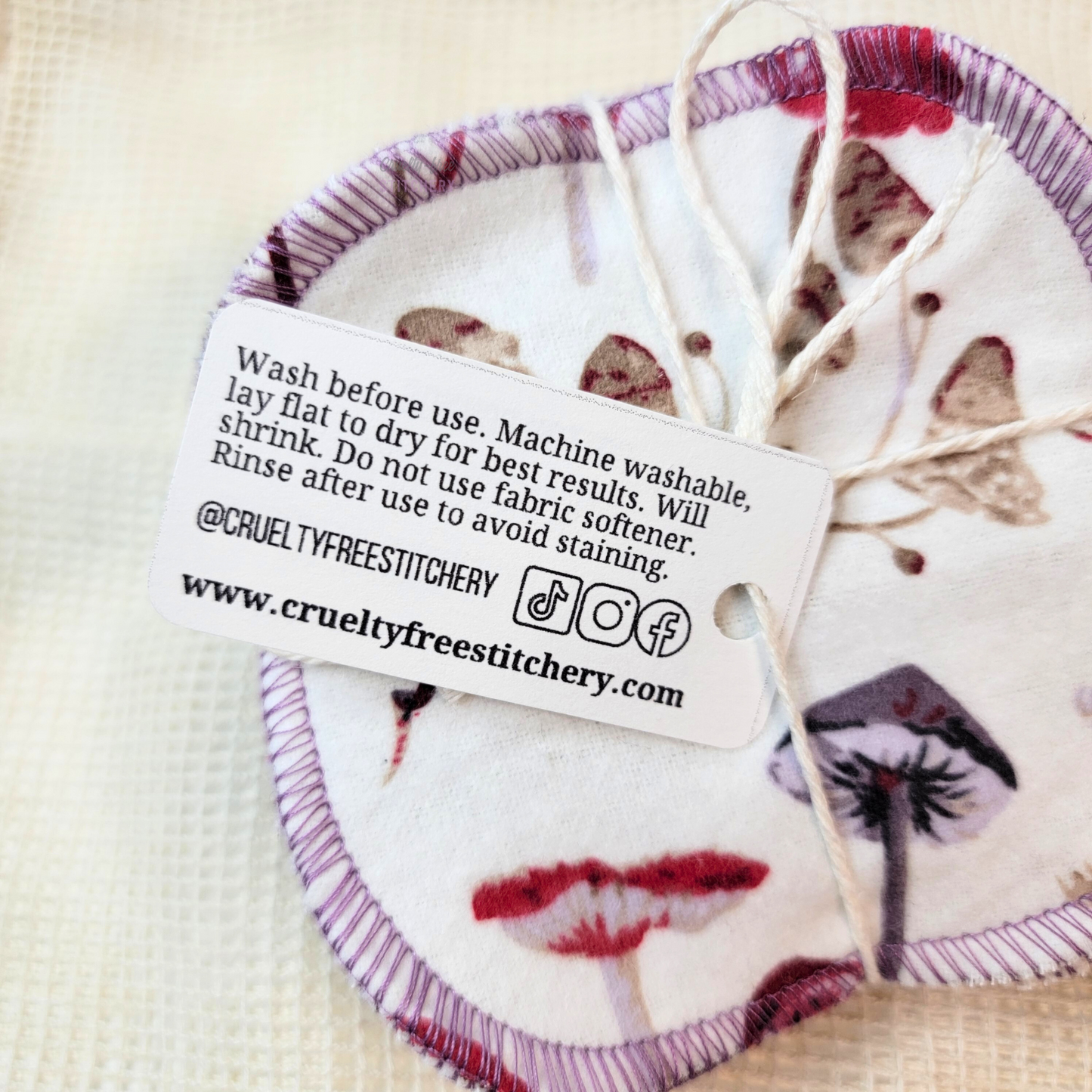The back of the small tag on the reusable cotton rounds with care instructions and our contact info. This can be found in the item description.