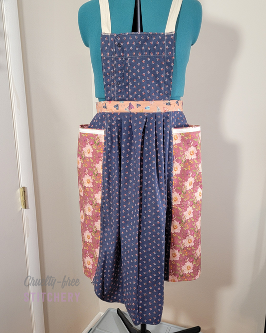 (SOLD) Blue and Pink Floral Big Pocket Pinafore Apron
