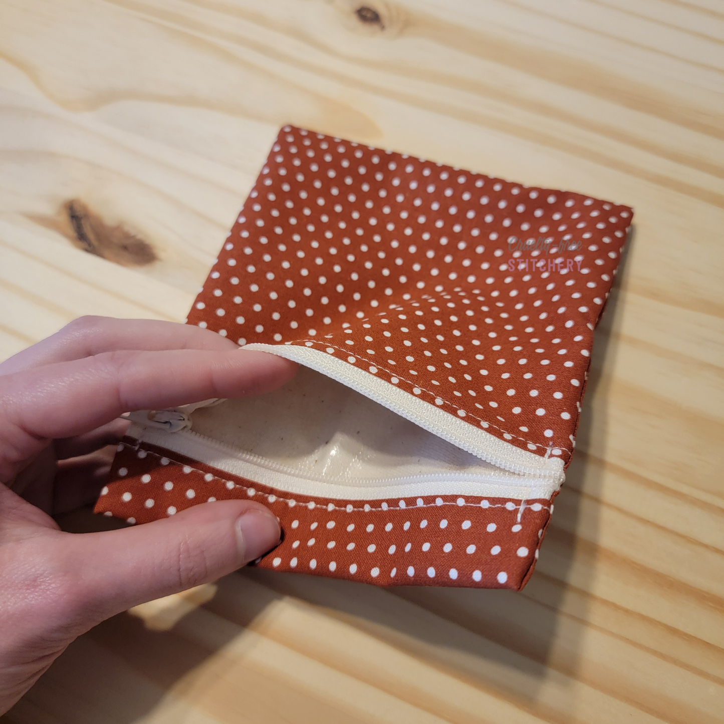 Inside of the small zipper snack bag, showing the lining.