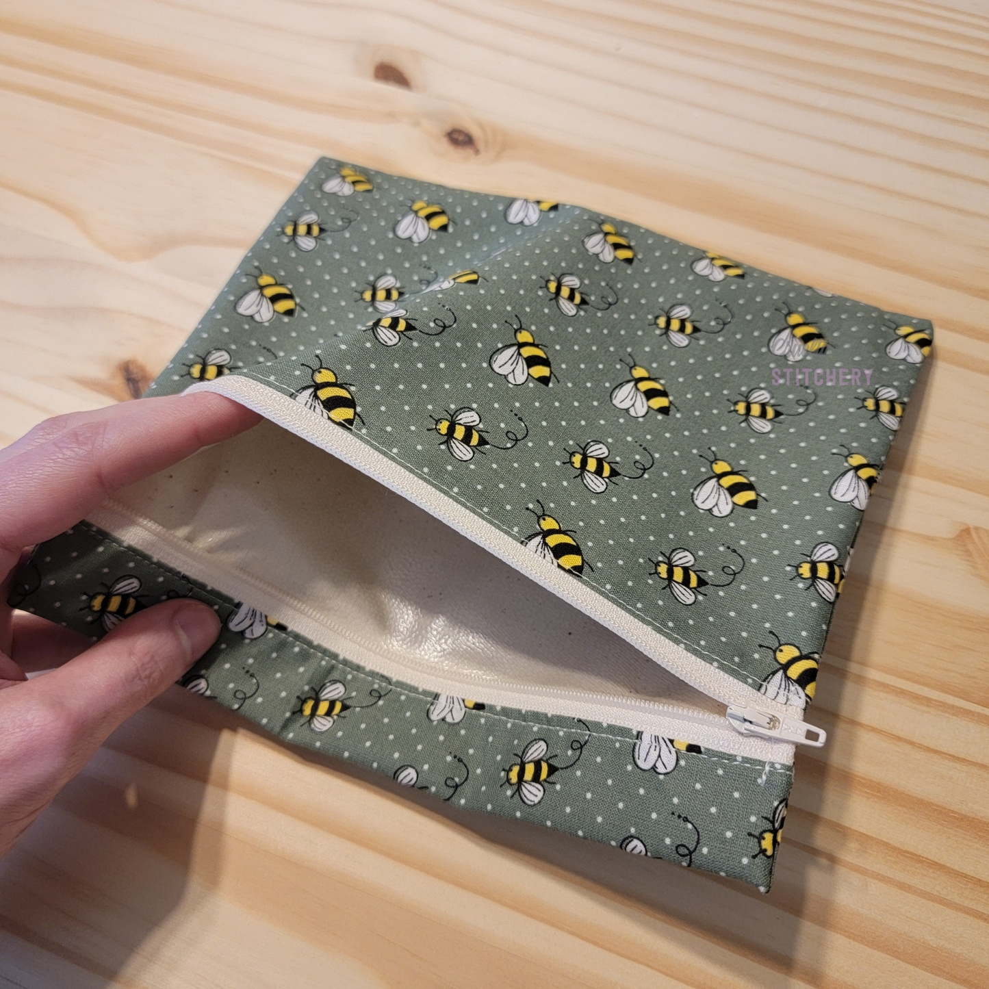 Inside of the large zipper snack bag, showing the lining.