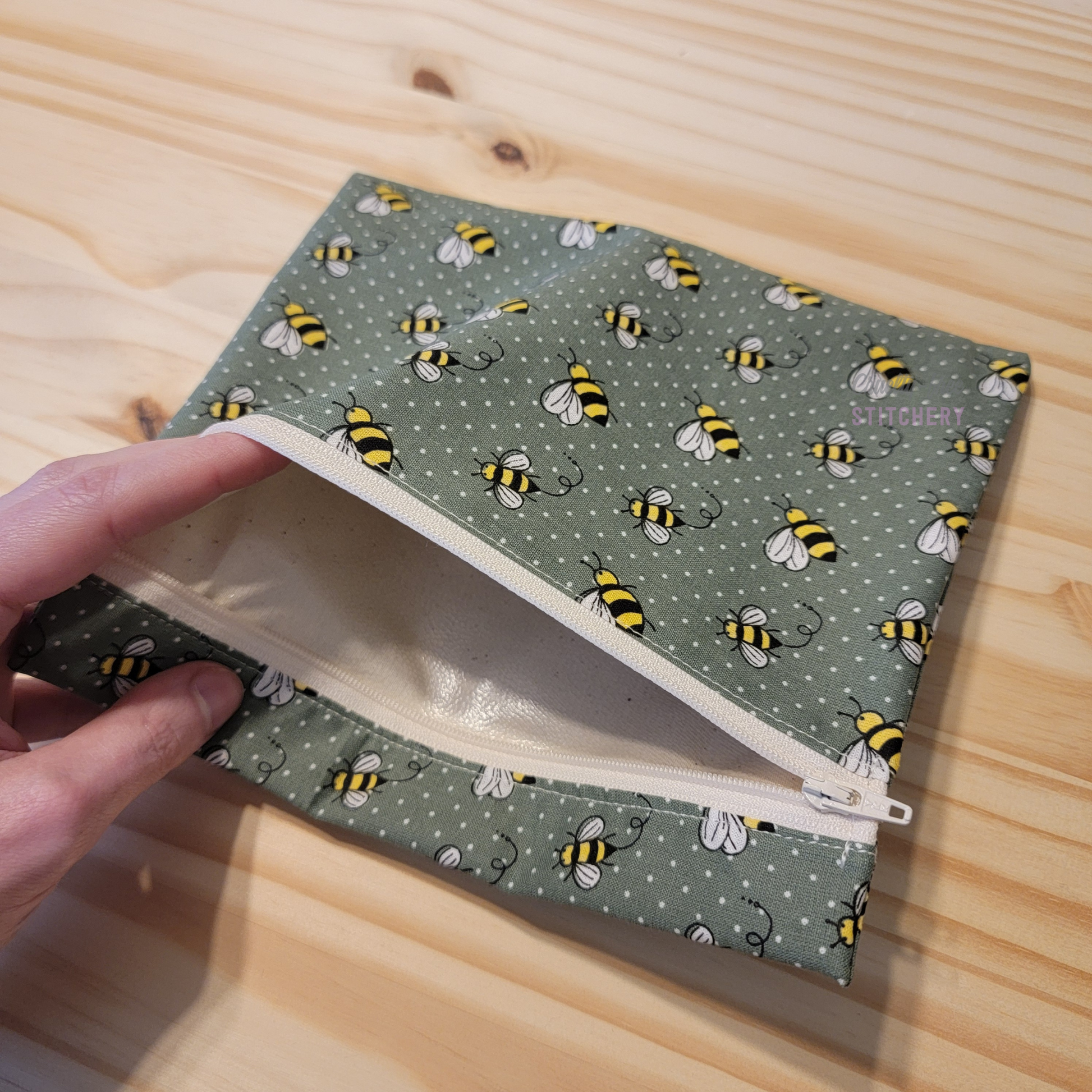 Inside of the large zipper snack bag, showing the lining.