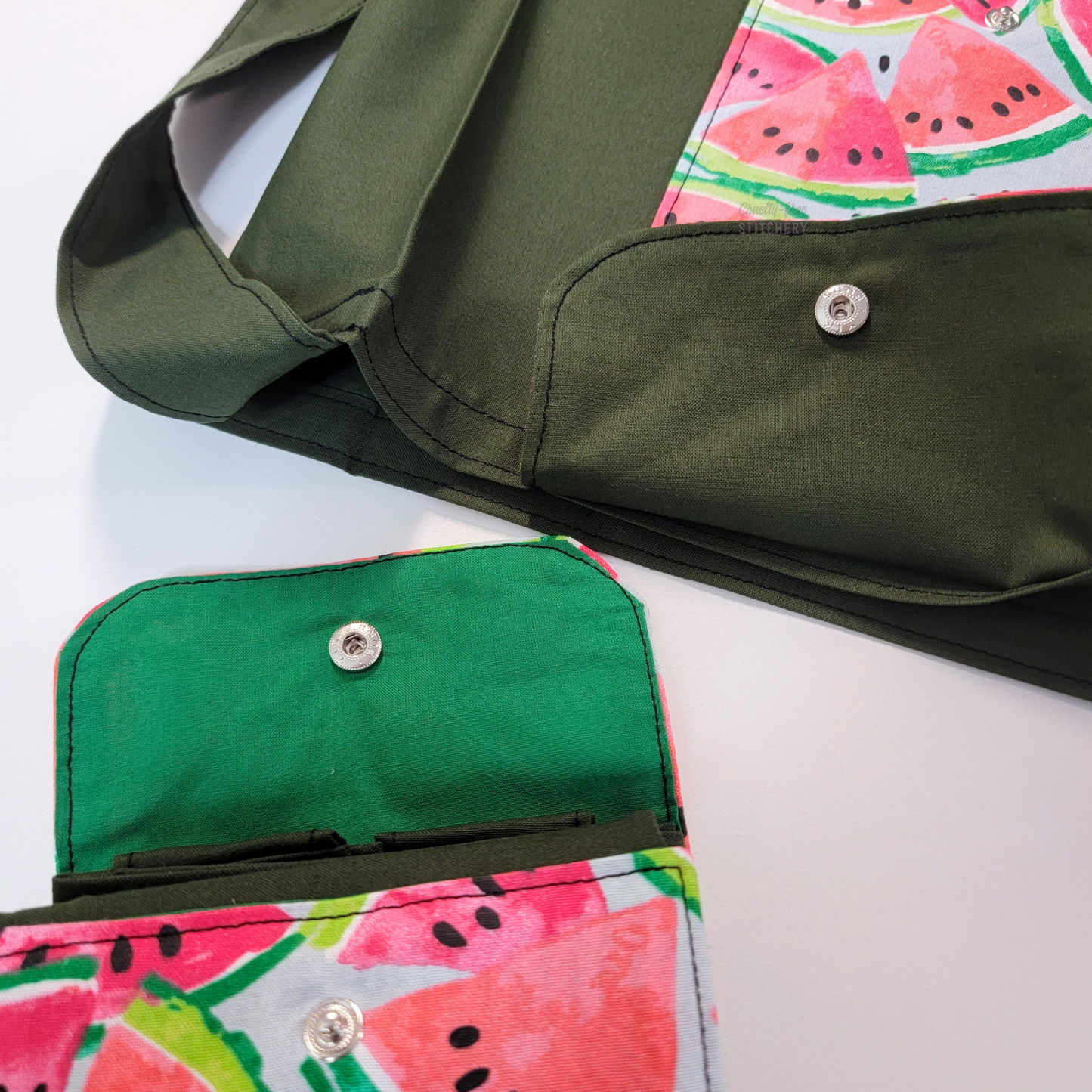 The inside of two different flaps, one is the same color as the bag, the other is a bright true green - to show that the color may vary.