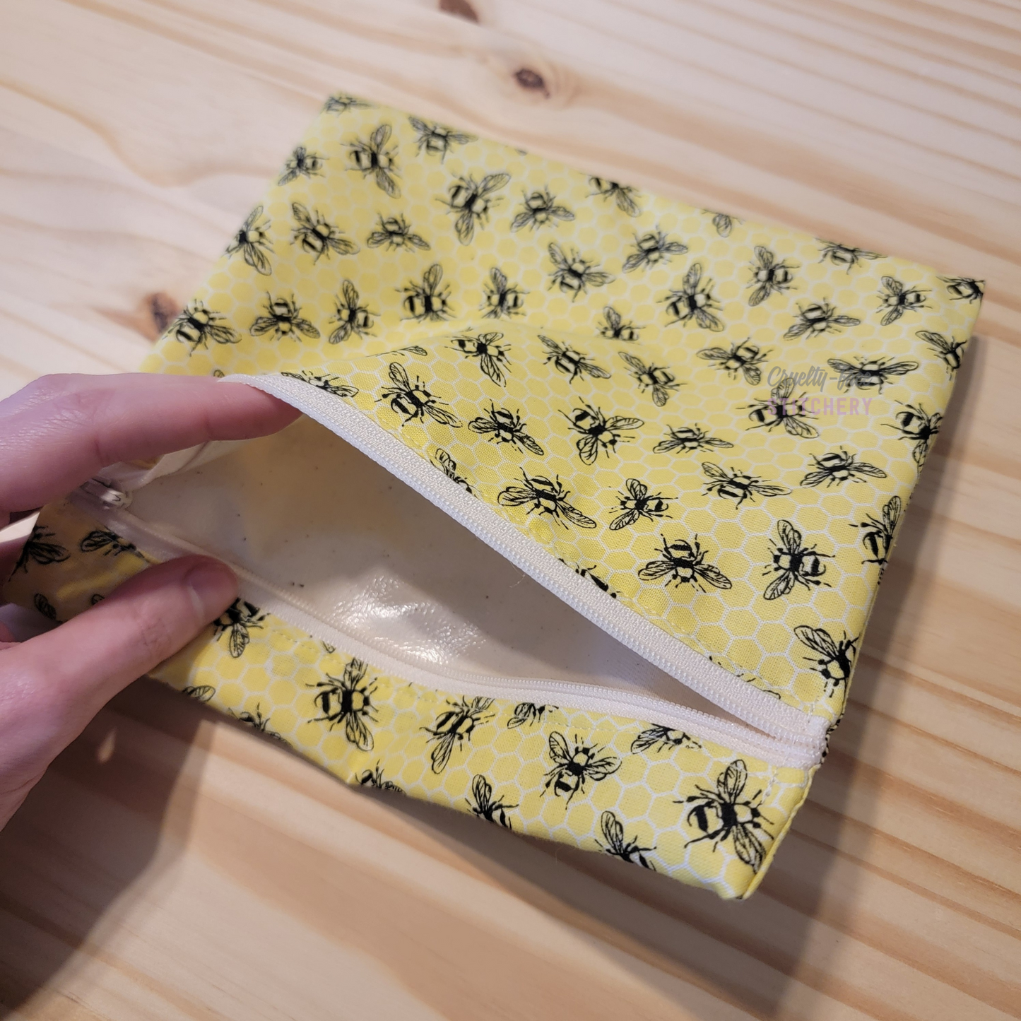 Inside of the large zipper snack bag, showing the lining.