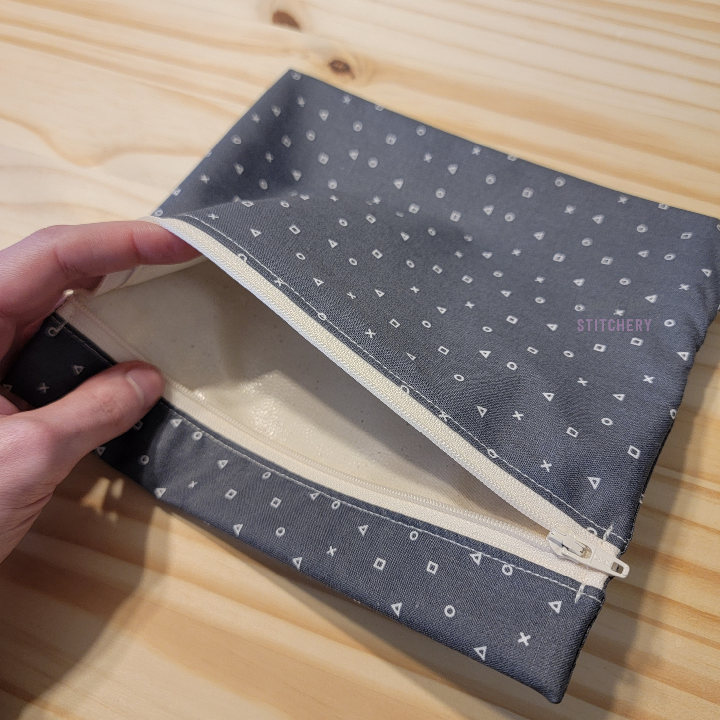 Inside the large zipper snack bag, showing a shiny lining.