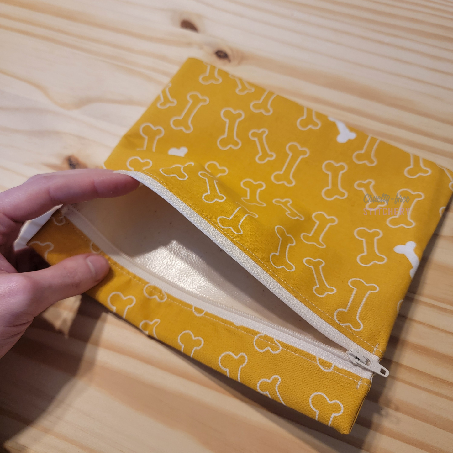 Inside of the large zipper snack bag, showing the lining.
