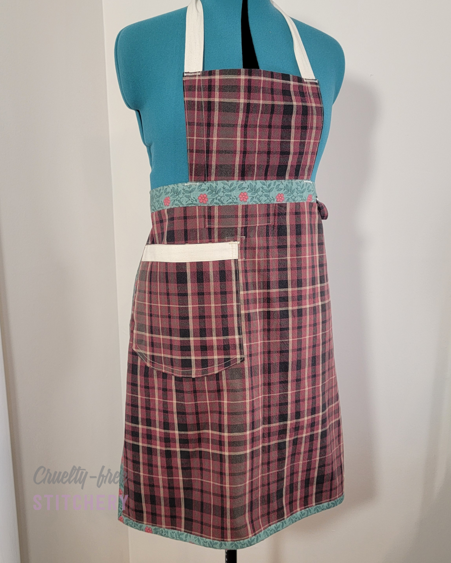 Dark Red Plaid Straight Front Apron (XS-M)