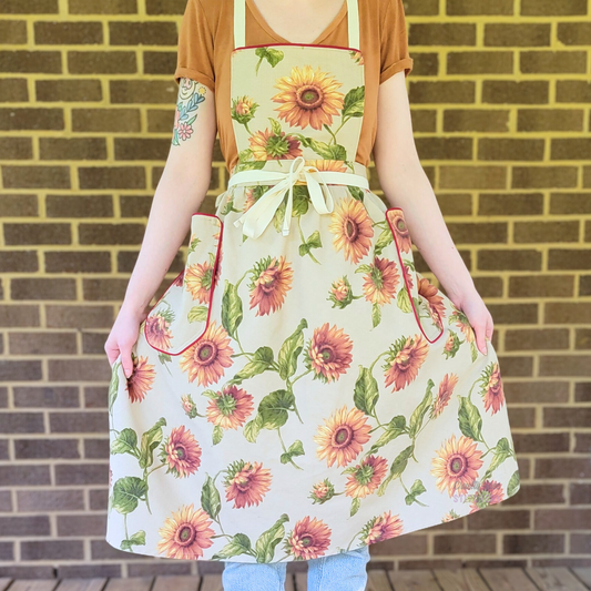 Sunflower Pinafore Apron - Red Piping (XS-M)
