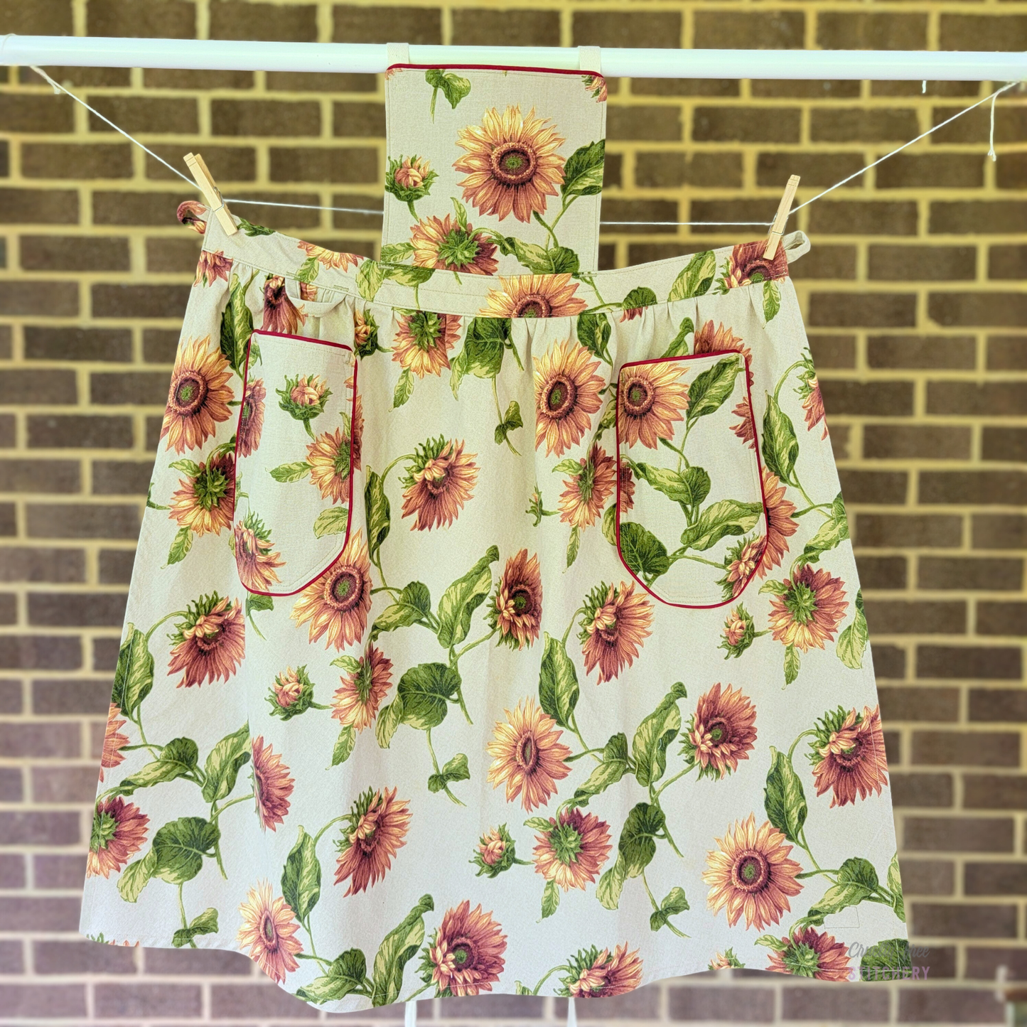 Sunflower Pinafore Apron - Red Piping (XS-M)