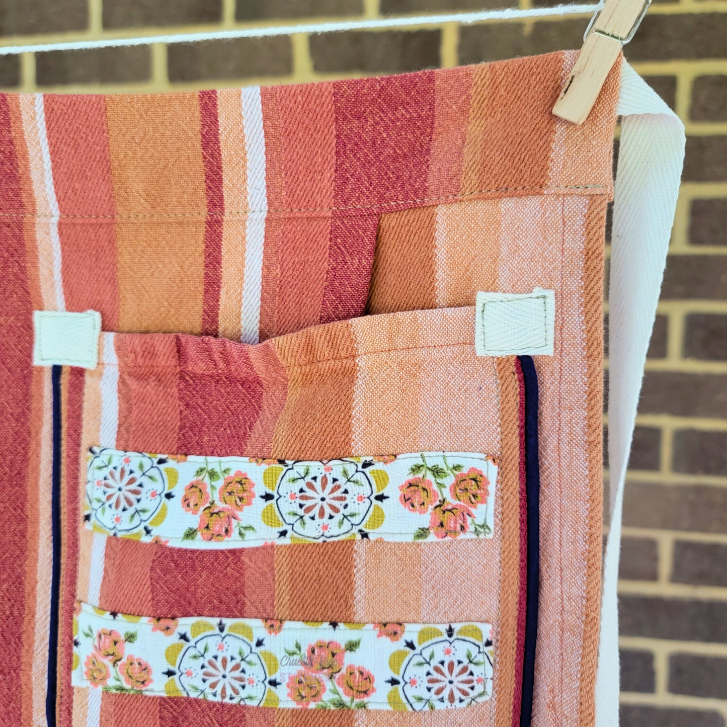 Orange Stripe Half Apron - Navy Piping (XS-M)
