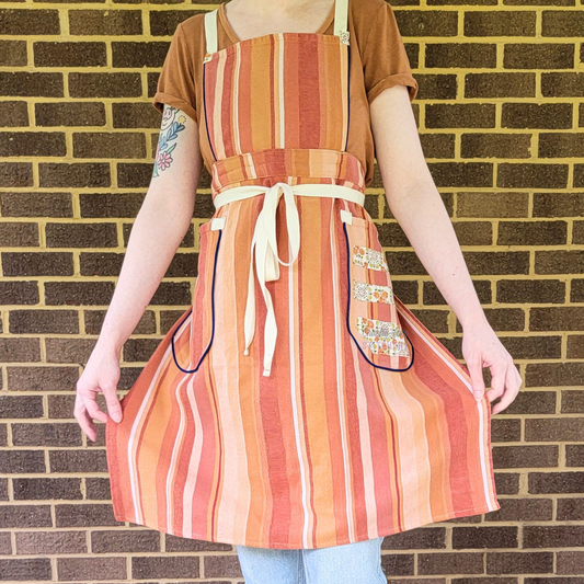 Orange Stripe Pinafore Apron - Navy Piping (L-2X)
