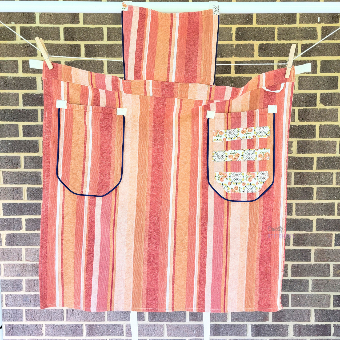 Orange Stripe Pinafore Apron - Navy Piping (L-2X)