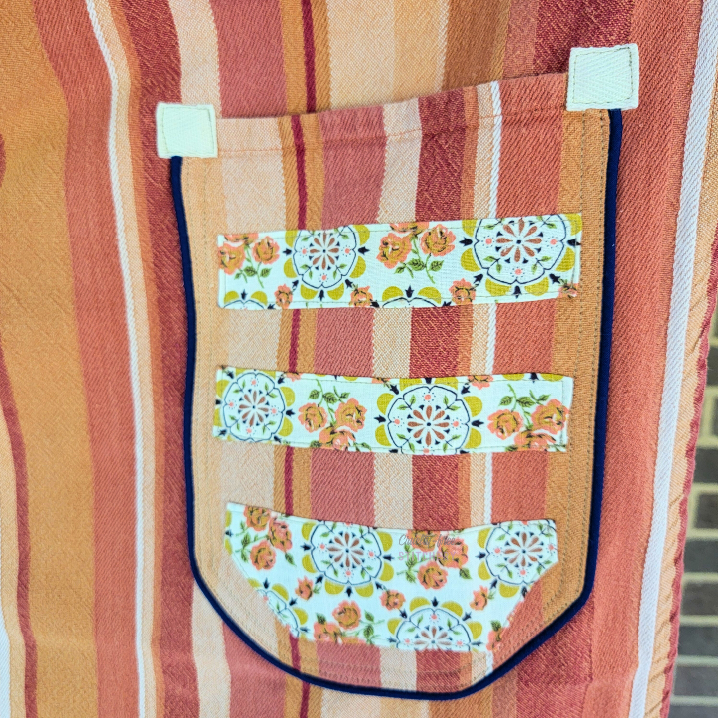 Orange Stripe Pinafore Apron - Navy Piping (L-2X)