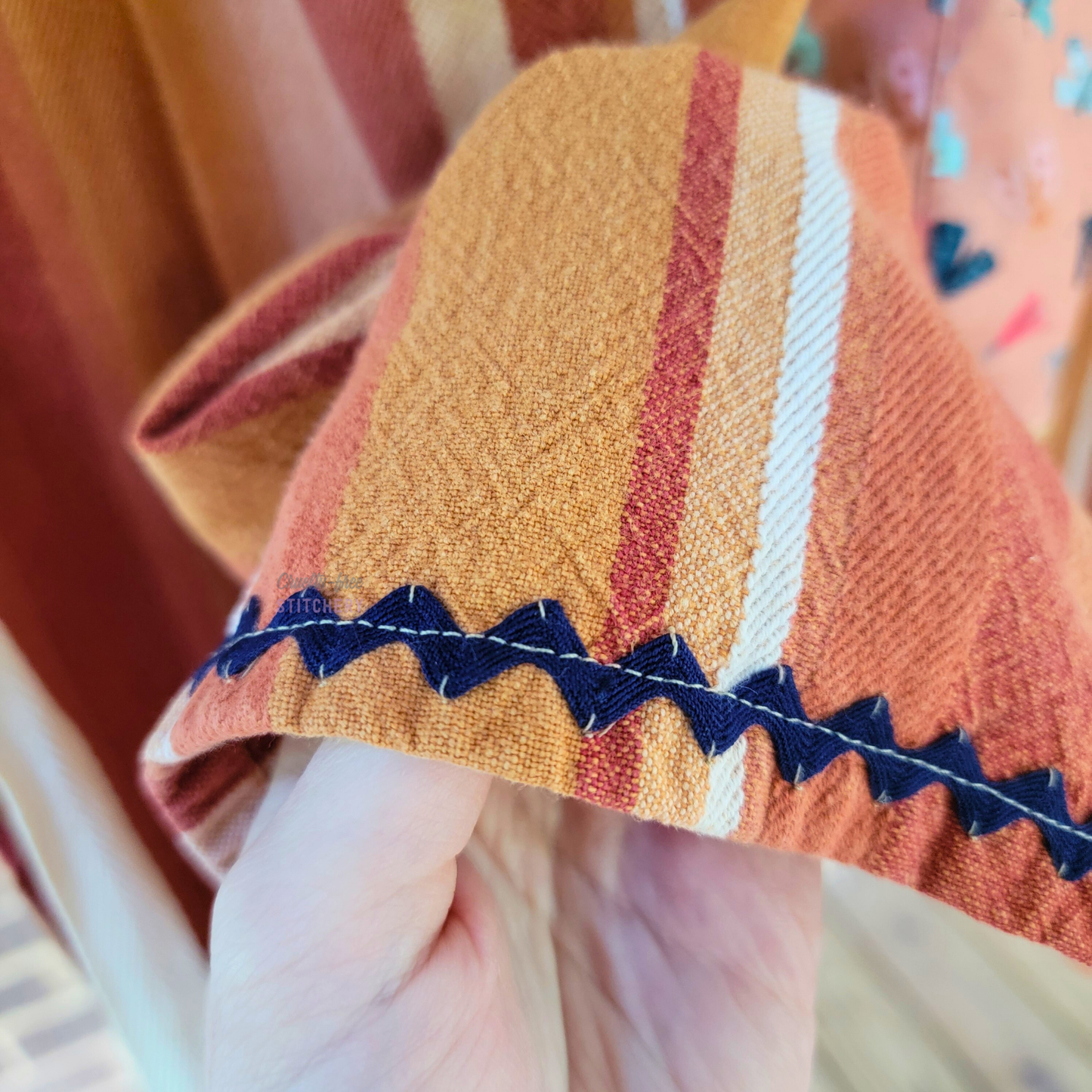 Orange Stripe Half Apron Navy Rick Rack (L-XL)
