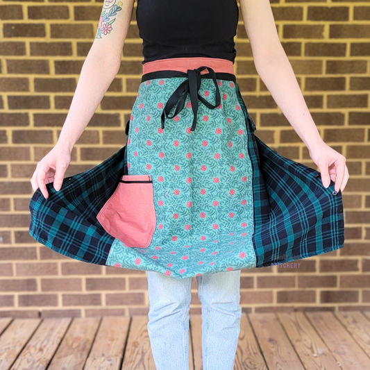 Teal Plaid Floral Half Apron One Pocket (M-XL)