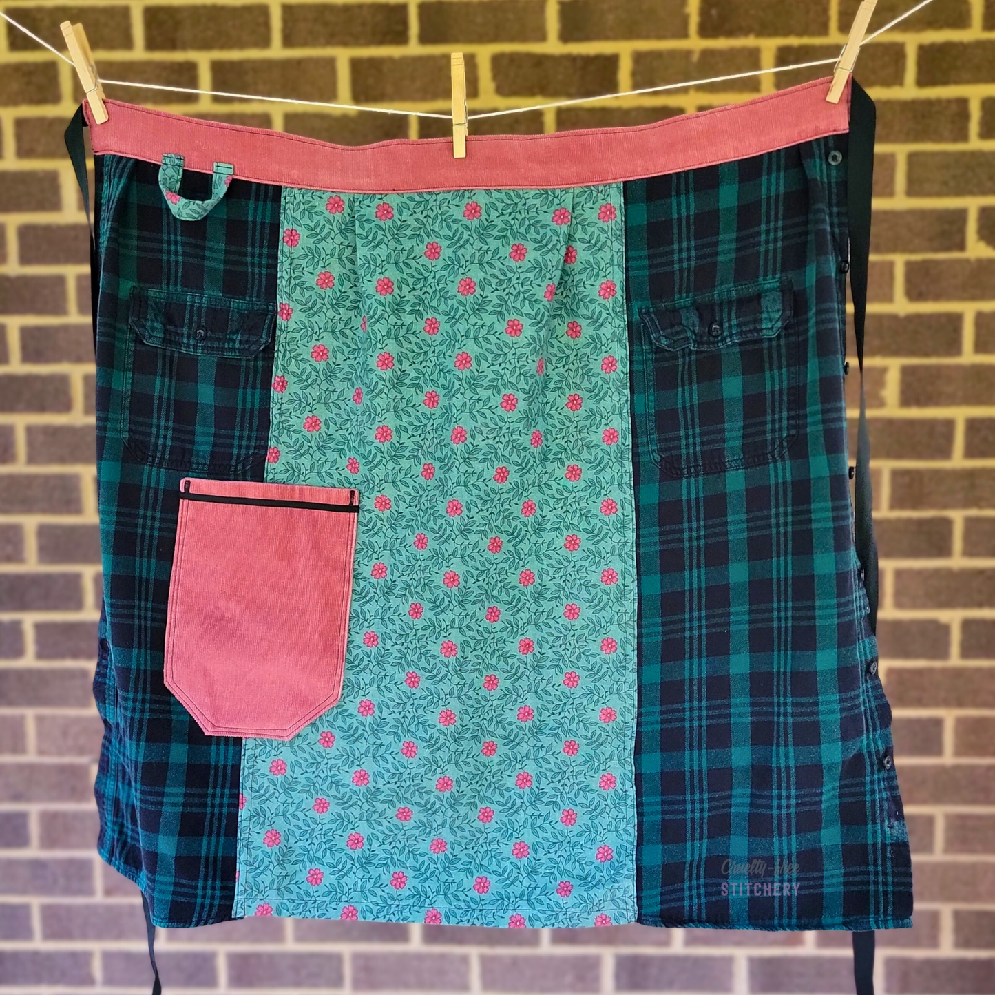 Teal Plaid Floral Half Apron One Pocket (M-XL)