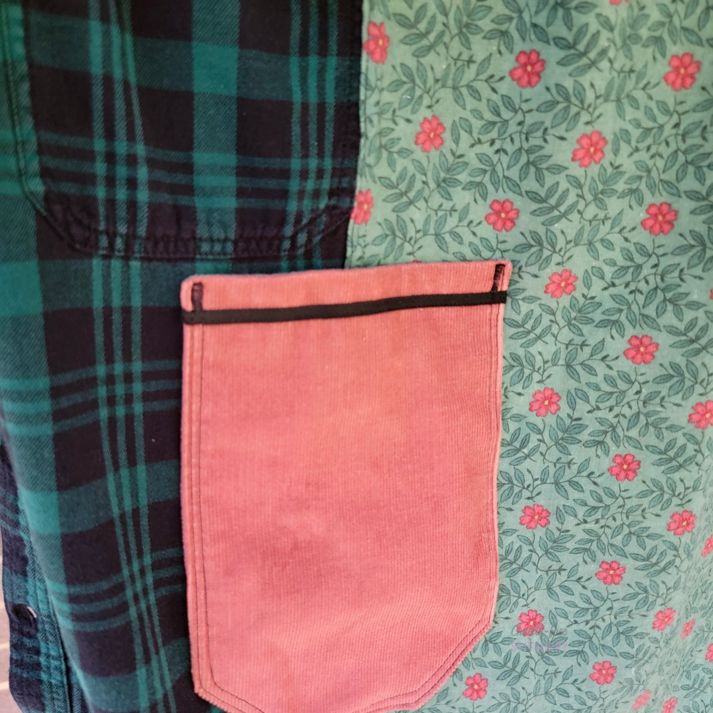 Teal Plaid Floral Half Apron One Pocket (M-XL)