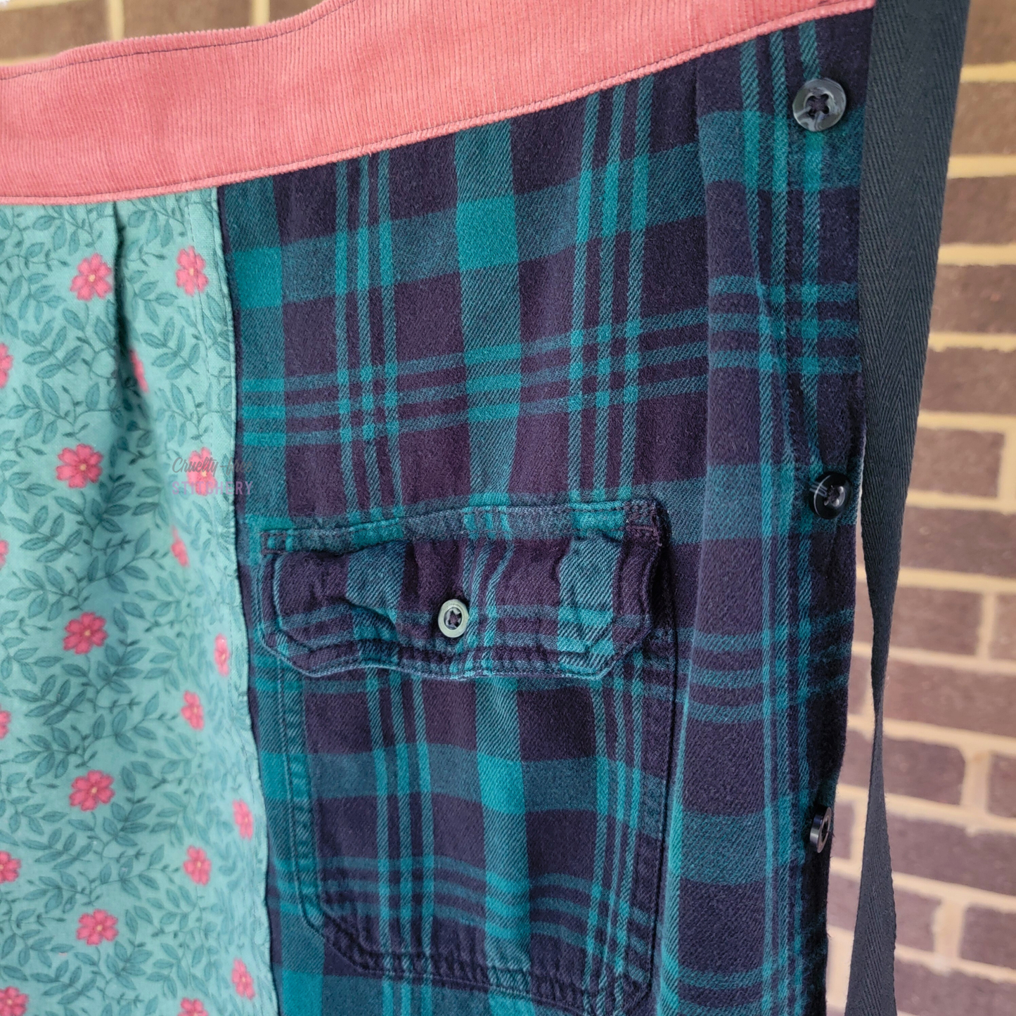 Teal Plaid Floral Half Apron One Pocket (M-XL)