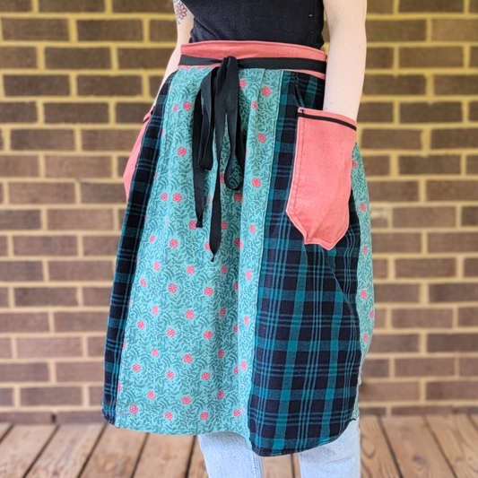 Teal Plaid Floral Half Apron Two Pockets (XL-3X)