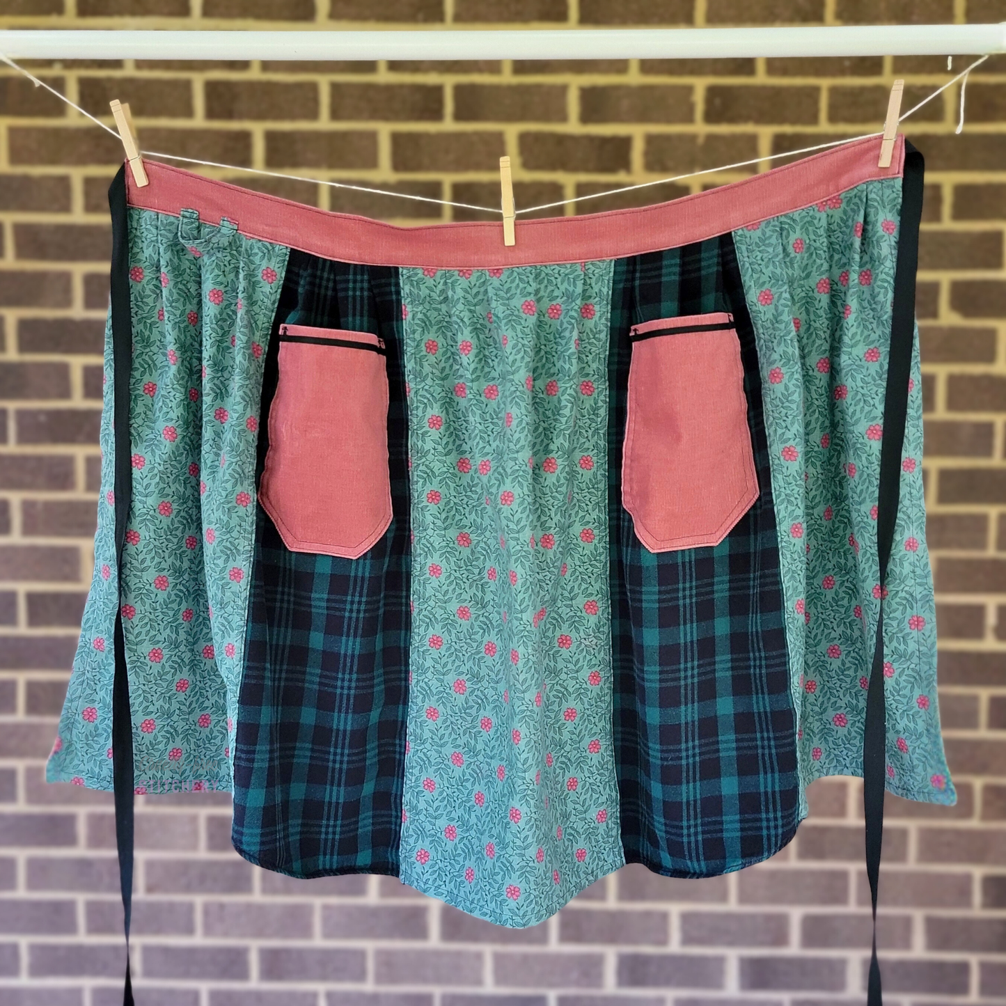 Teal Plaid Floral Half Apron Two Pockets (XL-3X)