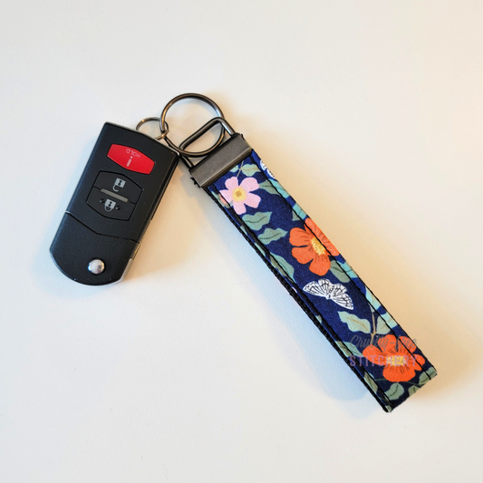 Navy Orange Floral Key Fob Wristlet