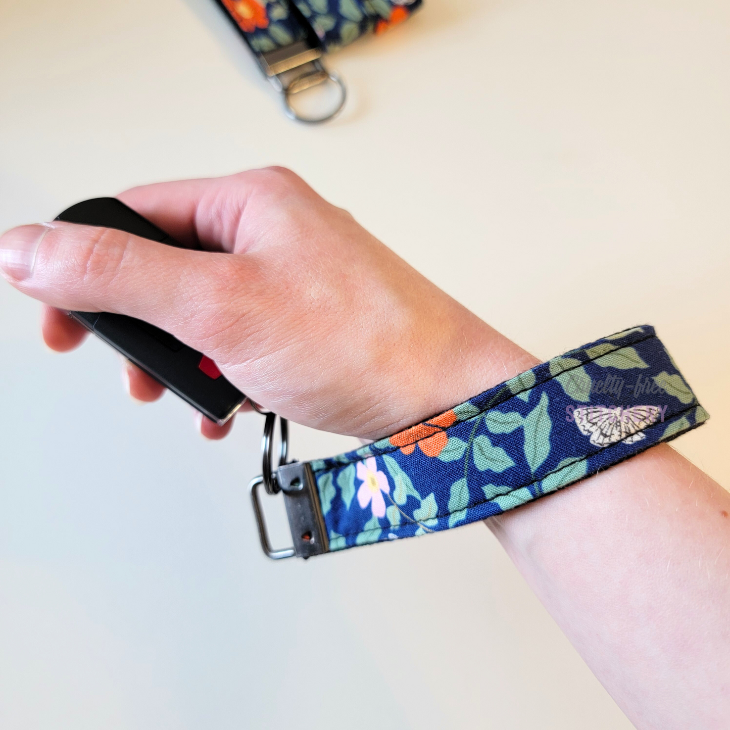 Navy Orange Floral Key Fob Wristlet