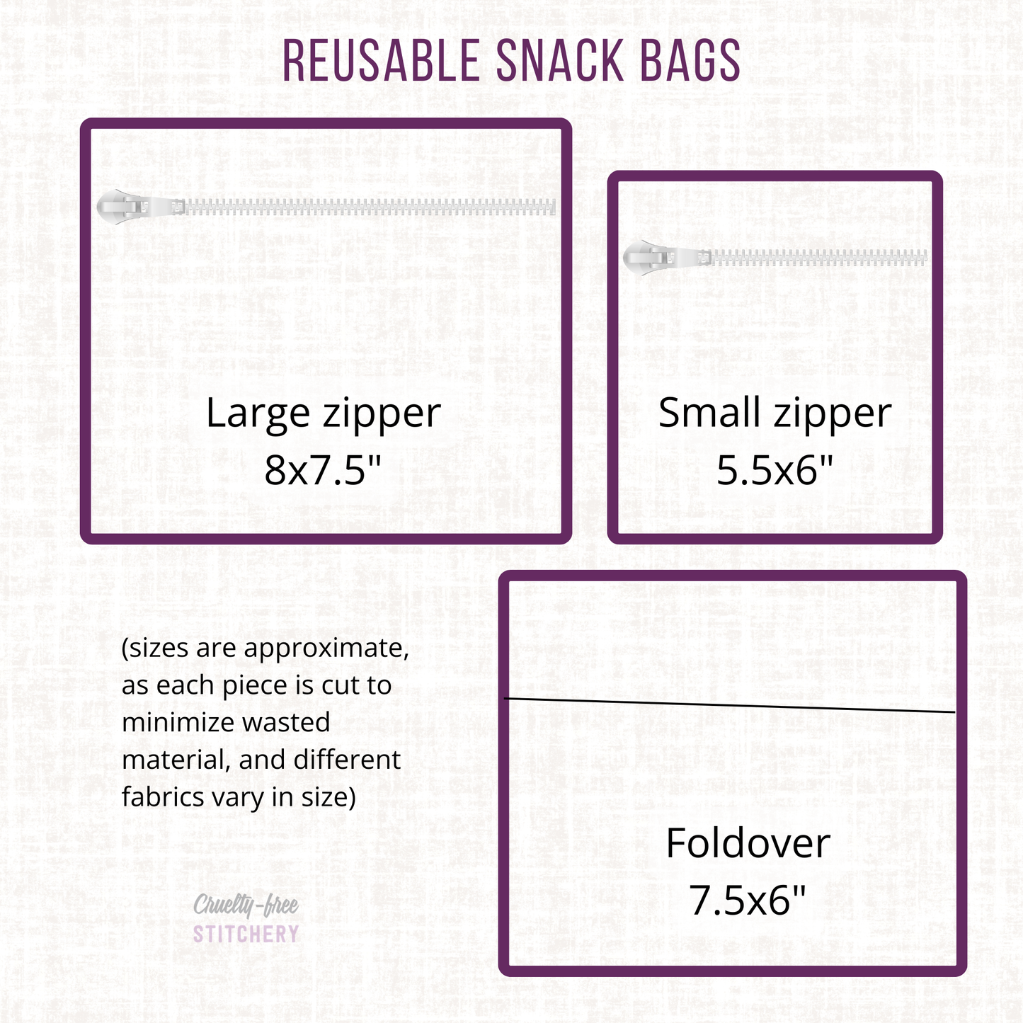 Infographic of the snack bag sizes. Large zipper is 8x7.5 inches, small zipper is 5.5x6 inches, foldover is 7.5x6 inches. Sizes are approximate, as each piece is cut to minimize wasted material, and different fabrics vary in size.