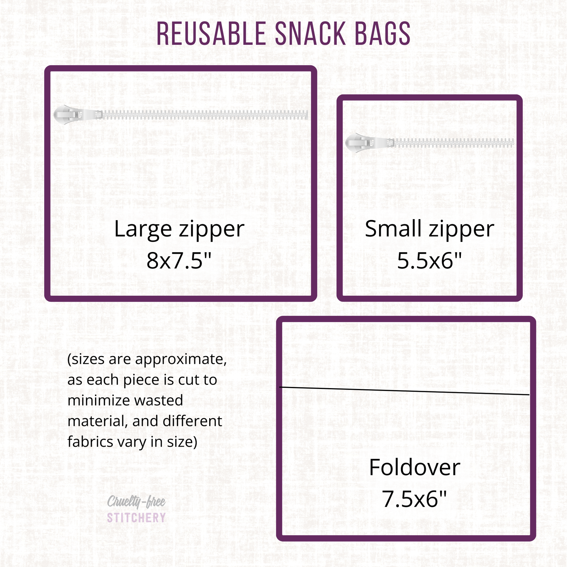 Infographic of the snack bag sizes. Large zipper is 8x7.5 inches, small zipper is 5.5x6 inches, foldover is 7.5x6 inches. Sizes are approximate, as each piece is cut to minimize wasted material, and different fabrics vary in size.