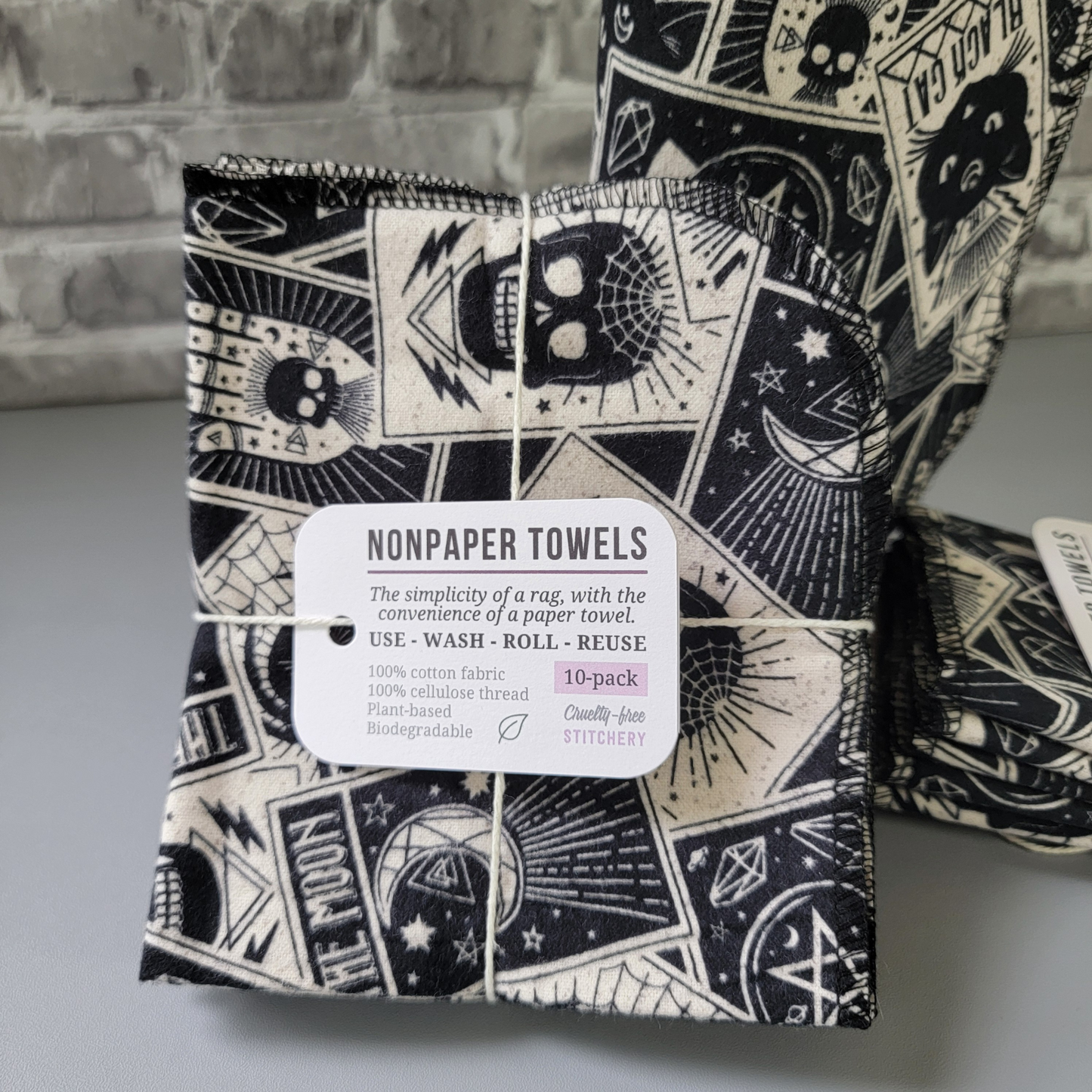 A close-up of the 10-pack tarot nonpaper towels. Same tag as the 5-pack but of course it says 10-pack instead.