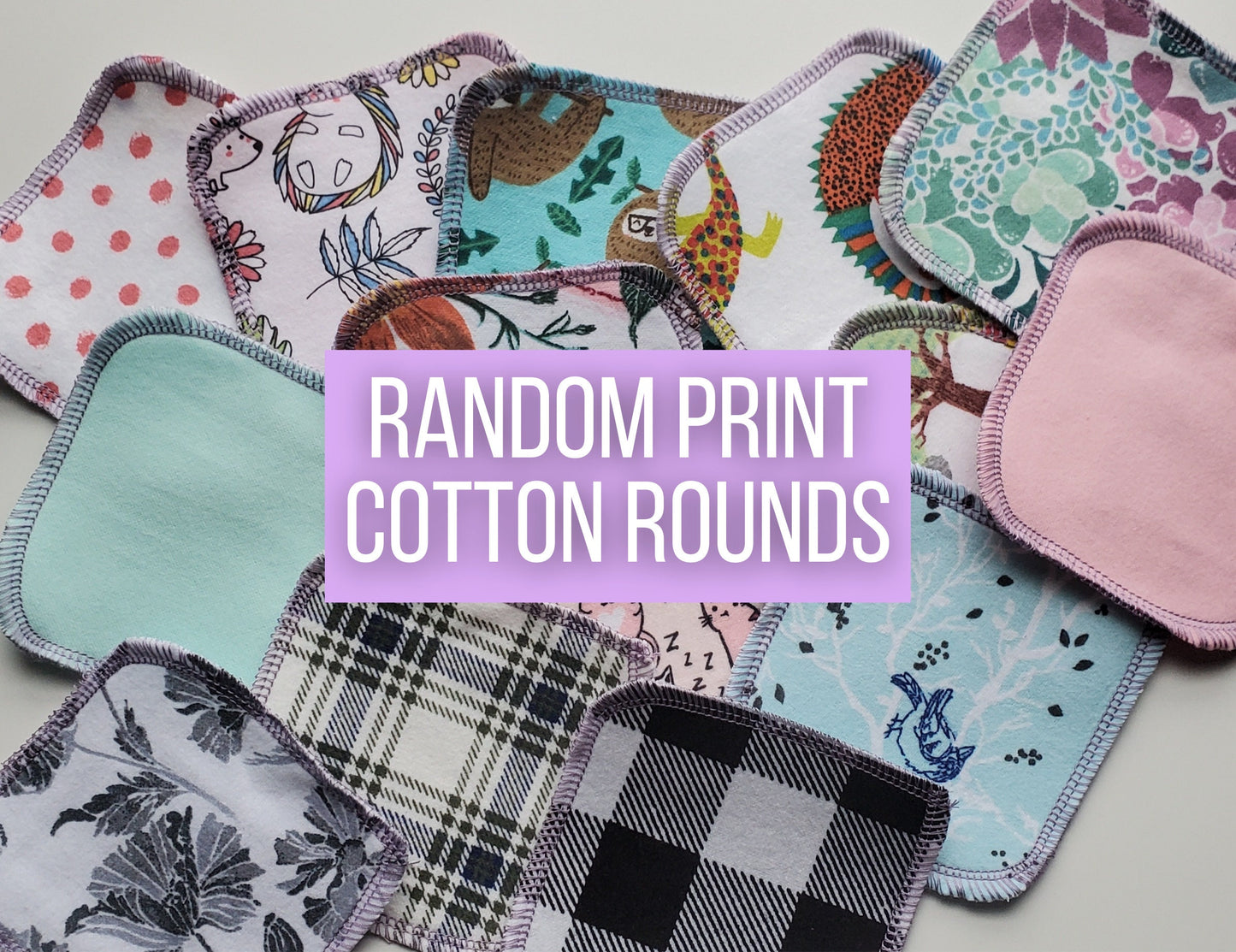 Random Print Cotton Rounds, photo of a scattered assortment of reusable cotton rounds in various prints and colors.