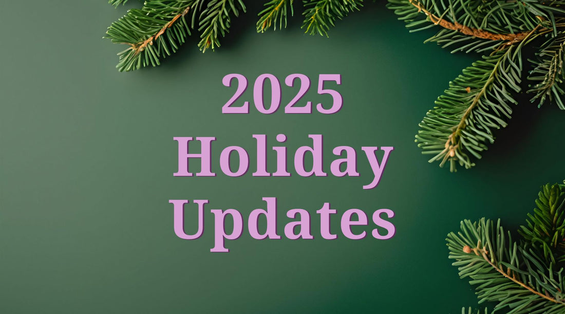 A banner that says 2025 holiday updates in lilac purple text, on a dark green background with a few pine sprigs on the right.