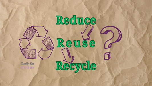 Reduce, Reuse, Recycle. Green text on a crumpled brown paper background. Sketched arrows between the words, and sketched recycling logo and question mark.