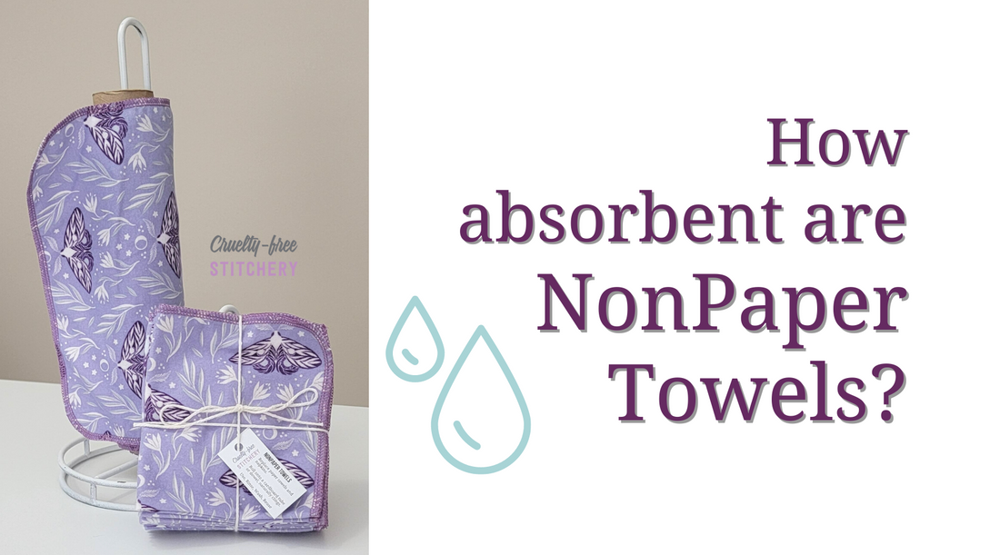 How absorbent are NonPaper Towels? A roll and bundled pack of light purple with moths design NonPaper Towels.