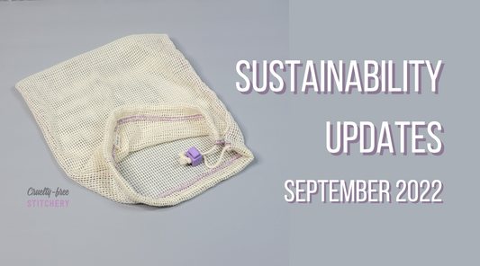 Sustainability Updates September 2022 - a grey background with an off-white cotton mesh bag.