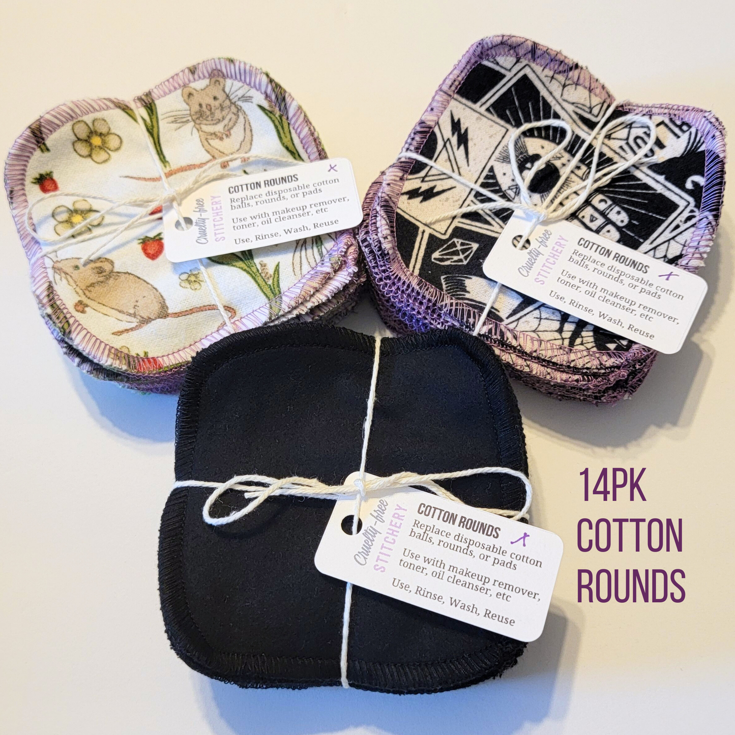 Mouse print Cotton Rounds, Tarot cards print cotton rounds, solid black cotton rounds, text reads "14pk cotton rounds"