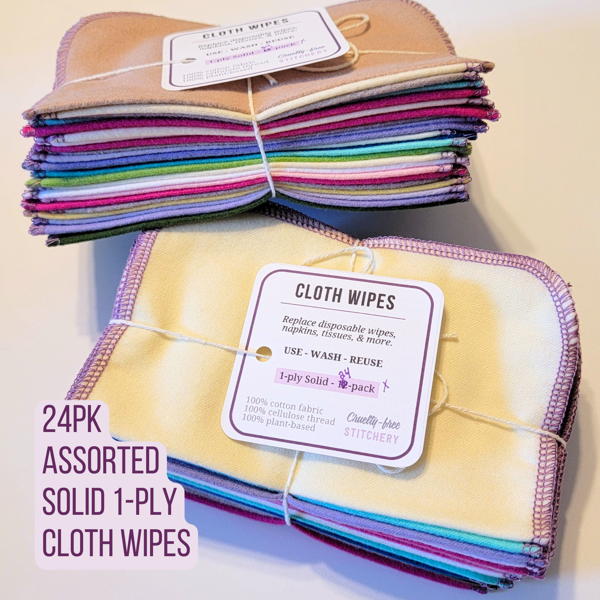 24-pack assorted solid 1-ply cloth wipes. Shown in two bundles with lots of different colors of wipes.