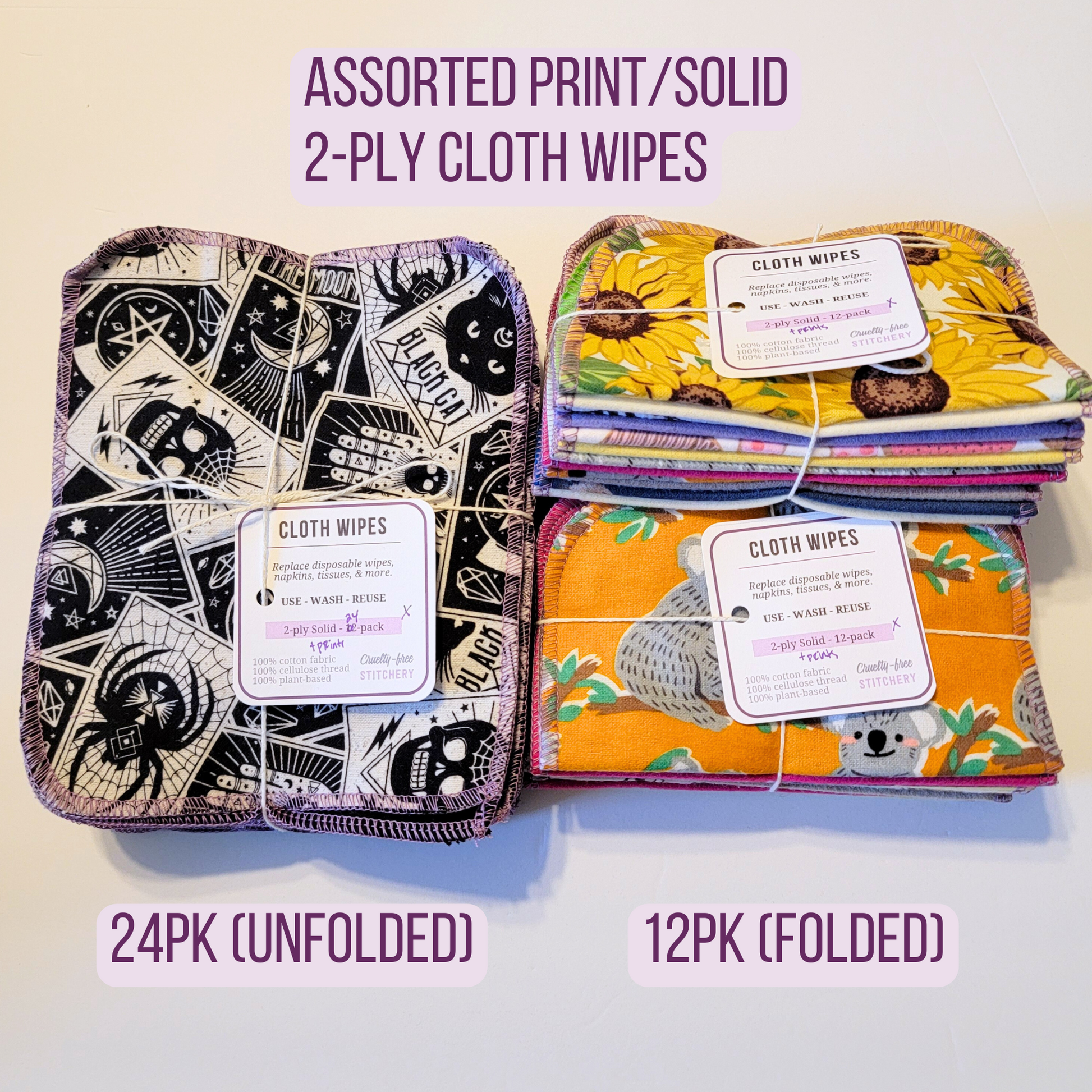 Assorted print and solid 2-ply cloth wipes, shown with a 24-pack and two 12-packs with tarot cards print, sunflowers, and koalas on top.