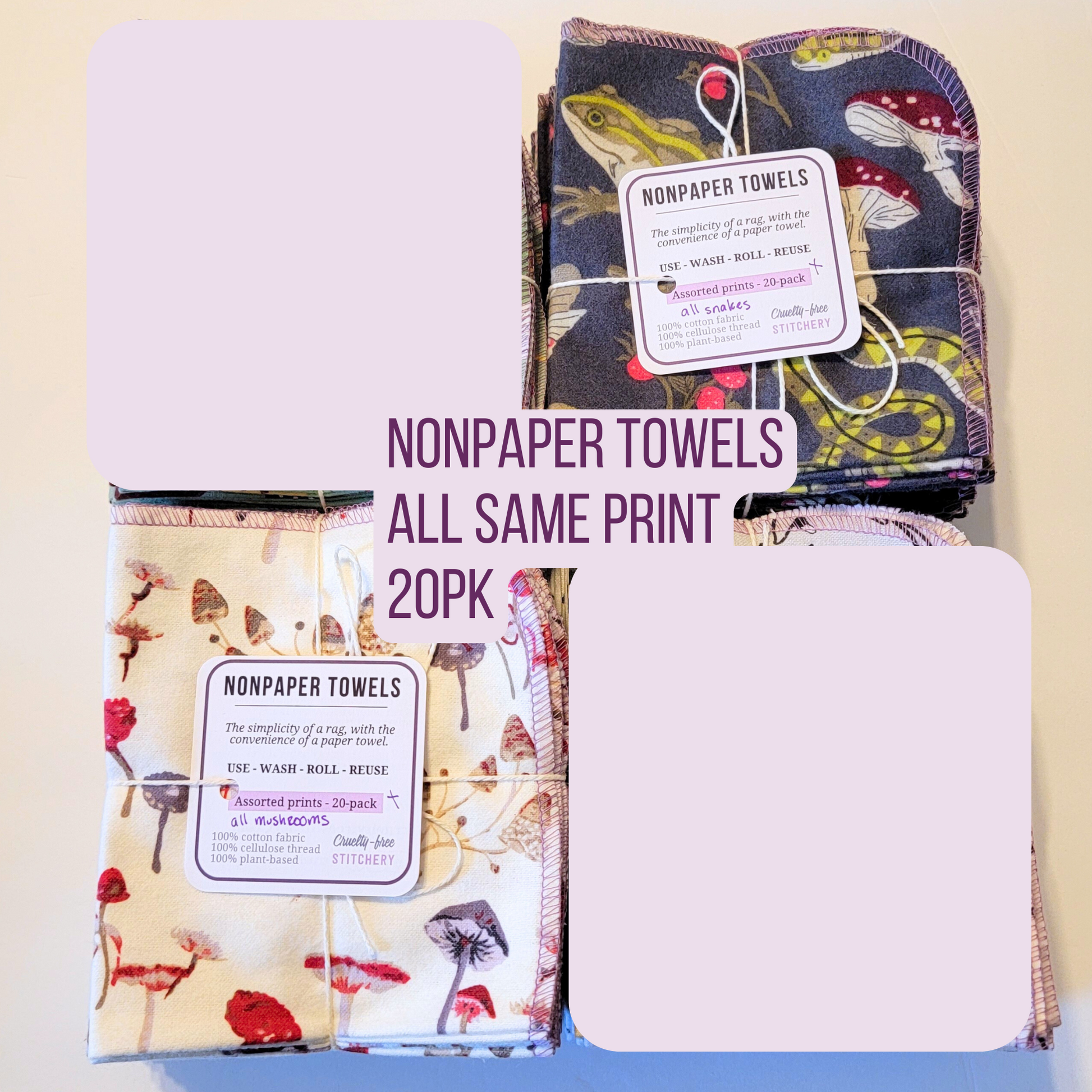 NonPaper Towels, all same print 20pack, shown are the snakes and frogs print, and a mushroom print.