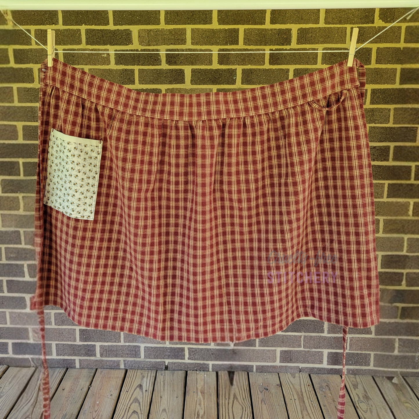 (SOLD) Half Apron - Red Plaid with Bee Pocket - v2