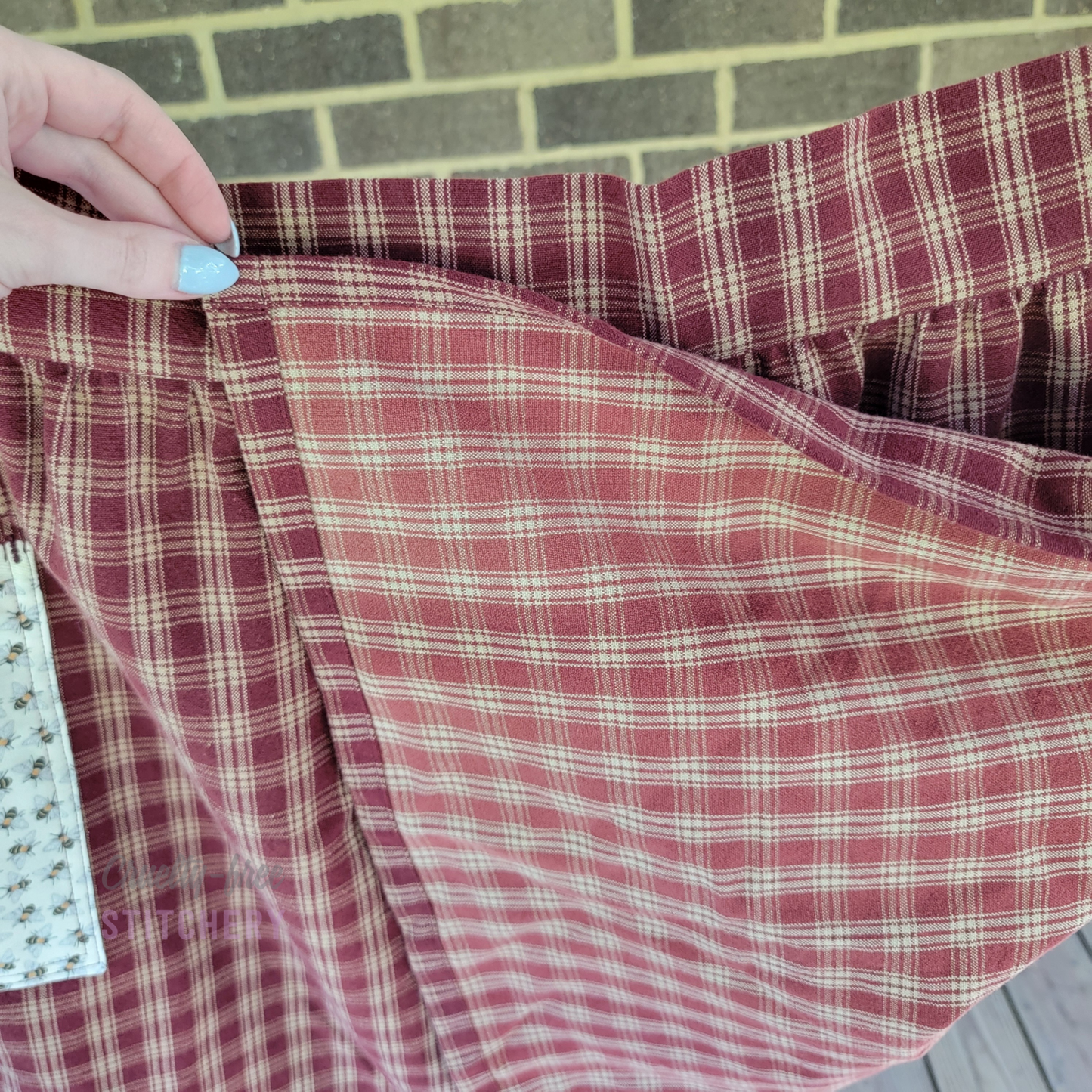 (SOLD) Half Apron - Red Plaid with Bee Pocket - v2