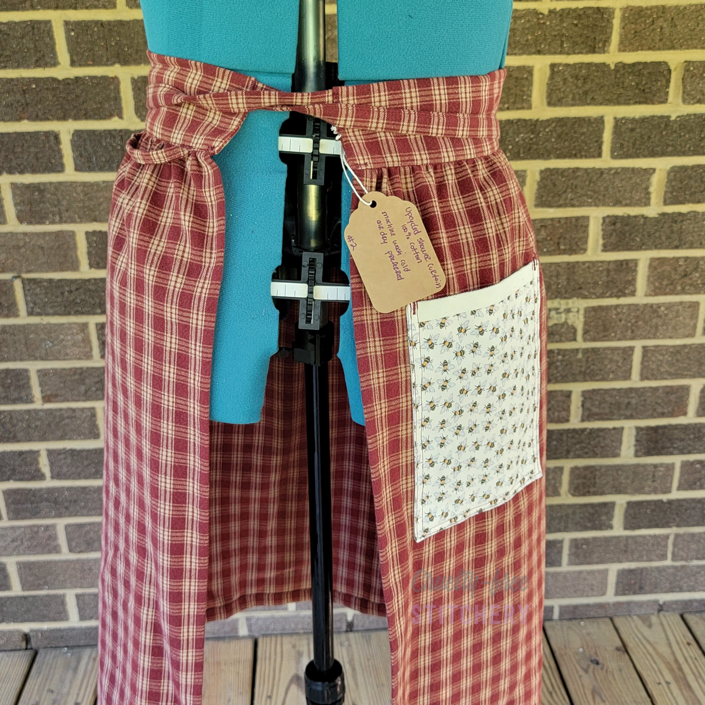 (SOLD) Half Apron - Red Plaid with Bee Pocket - v2