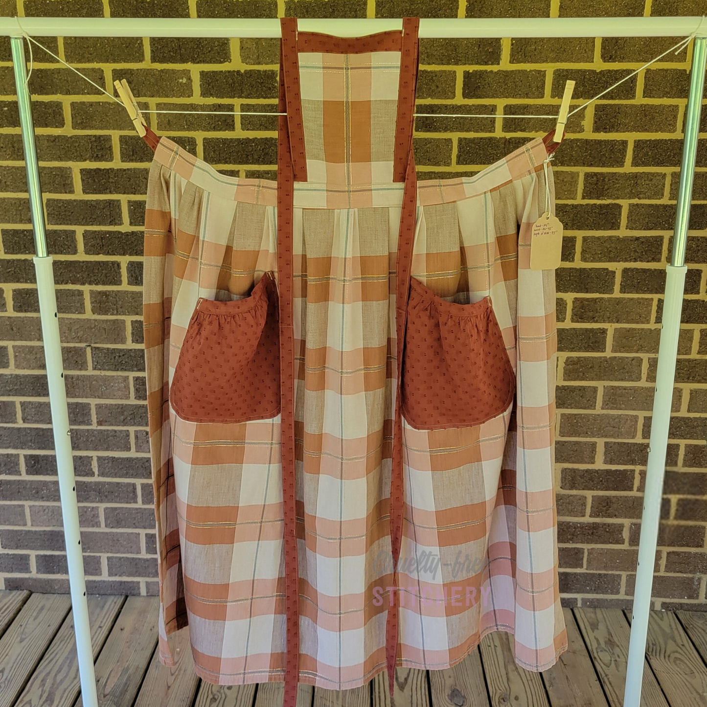 (SOLD) Orange and Tan Linen-Blend Pinafore Apron - Orange Ties