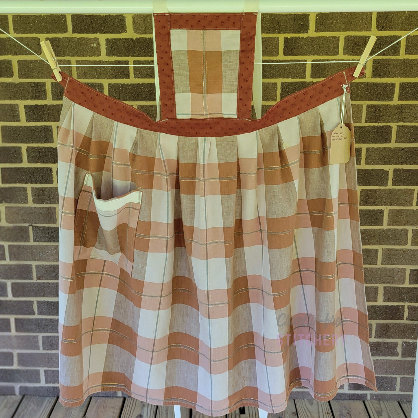 (SOLD) Orange and Tan Linen-Blend Pinafore Apron - Natural Ties