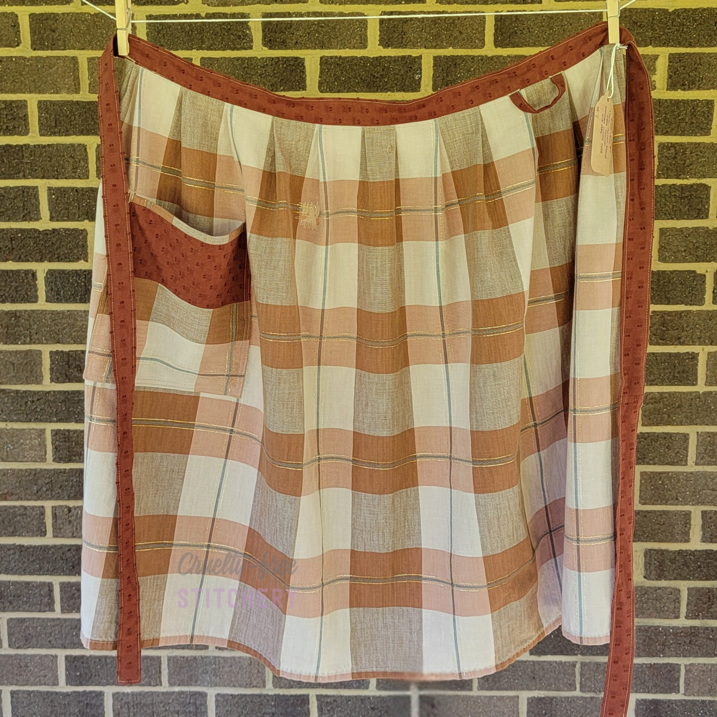 (SOLD) Orange and Tan Linen-blend Half Apron, Orange Ties