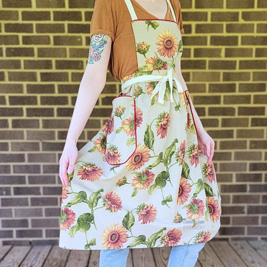 Sunflower Pinafore Apron - Red Piping (XS-M)