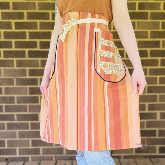 Orange Stripe Half Apron - Navy Piping (XS-M)