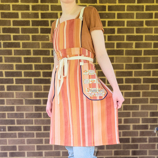 Orange Stripe Pinafore Apron - Navy Piping (L-2X)