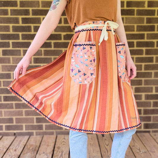 Orange Stripe Half Apron Navy Rick Rack (L-XL)